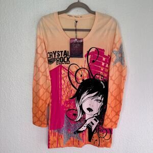 Christian Audigier Y2K Shirt Womens Large Crystal Rock Rocker Girl Guitar Tee